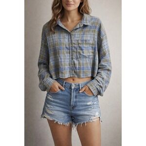 American Eagle Oversized Plaid Cropped Shirt Linen‎ Blend Blue Green Women's L